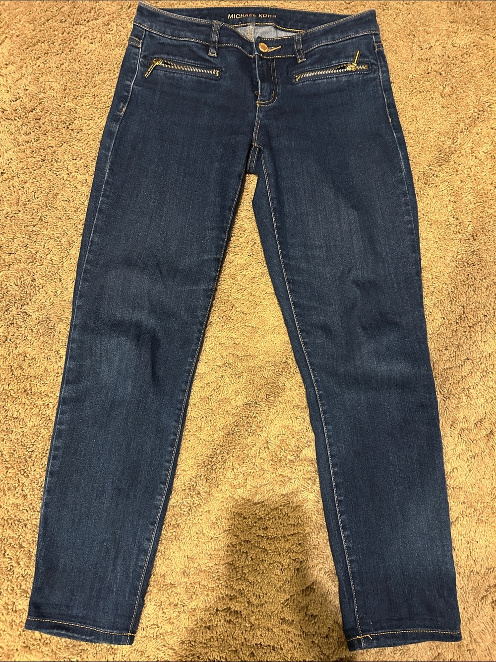 Michael Kors Dark Wash Skinny Jeans with Gold Zipper Accents